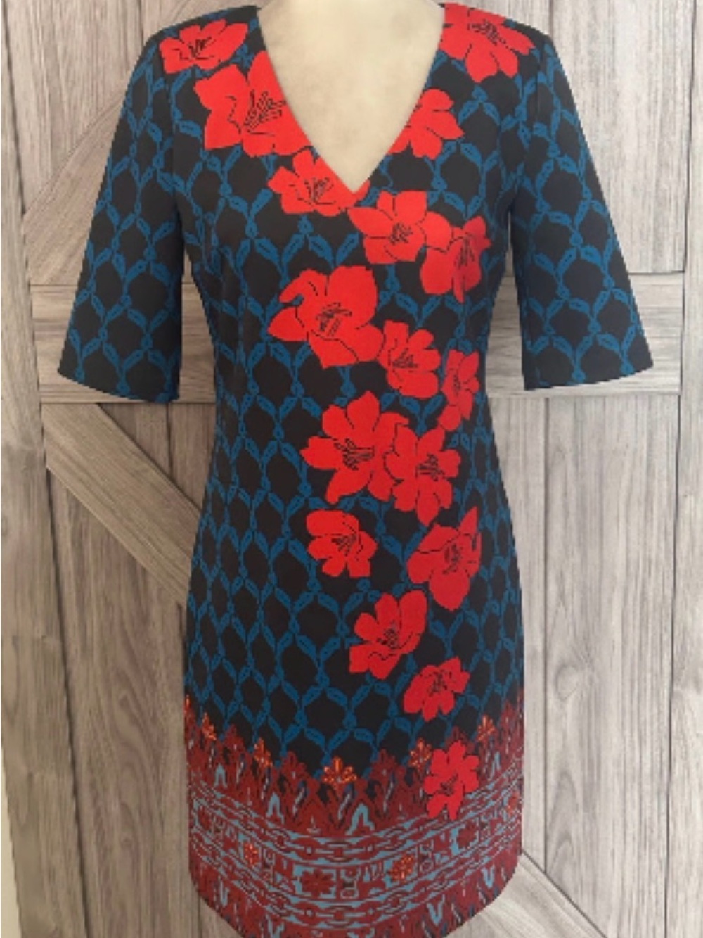 Plenty by Tracy Reese Black Dress with Red Floral and Blue Pattern